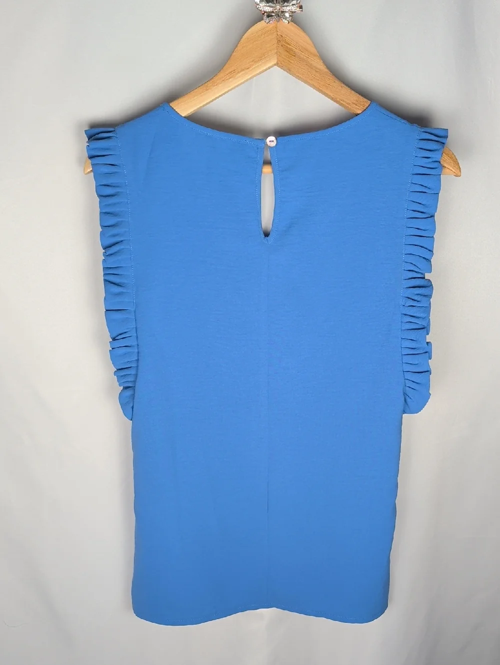 Molly Bracken Blue Ruffle Sleeve Pleated Neckline Blouse, Size S - Picture 3 of 10